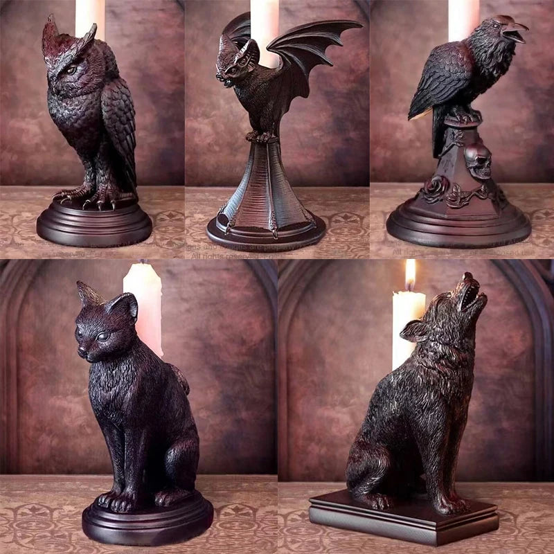 Retro Gothic Animal Candle Holders - Black Bat, Wolf, Leopard, Crow, C –