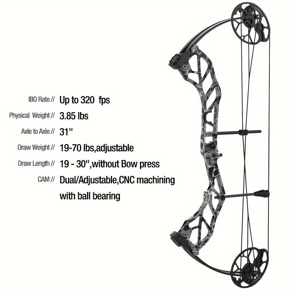 GRwolf Compound Bow Set – Hunting & Archery Kit with Accessories – 19-30" Draw Length, 19-70 Lbs Draw Weight, Up to IBO 320 FPS – No Bow Press Needed – USA-Made Bow Limbs