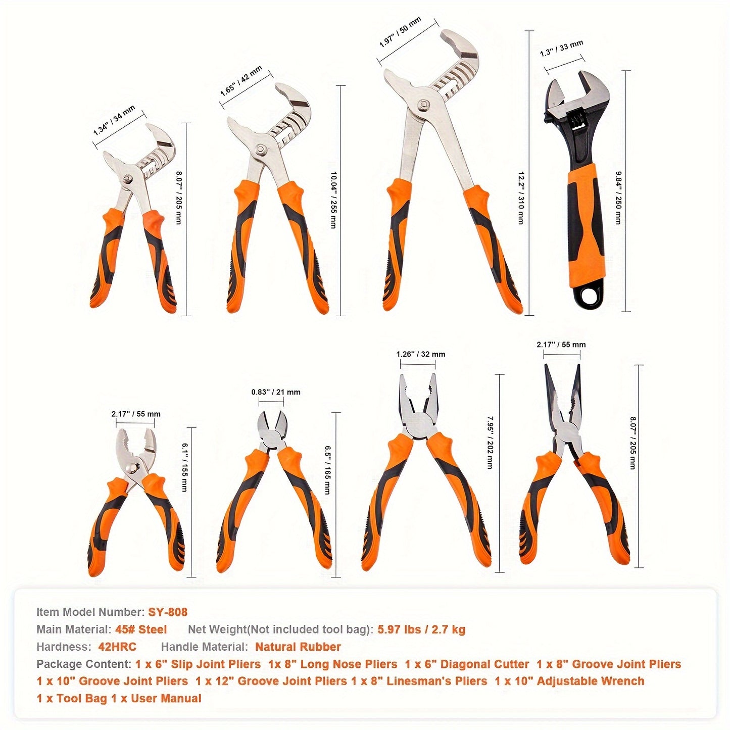 VEVOR 8-Piece Pliers Set - High Carbon Steel Tools, Includes 12", 10", and 8" Groove Joint Pliers, 8" Linesman's, 6" Slip Joint, 8" Long Nose, 6" Diagonal Cutter, 10" Adjustable Wrench, and Tool Bag