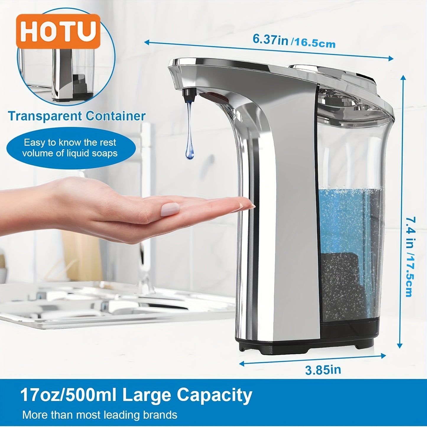 17oz/500ml Automatic Touchless Soap Dispenser - Infrared Sensor with 5 Adjustable Levels, Easy Refill, Silvery Bathroom Electronic for Efficient Hand Washing