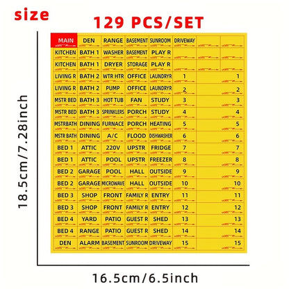 129 Weatherproof Circuit Breaker Box Labels - Conspicuous Identification Stickers for Fuse Boxes