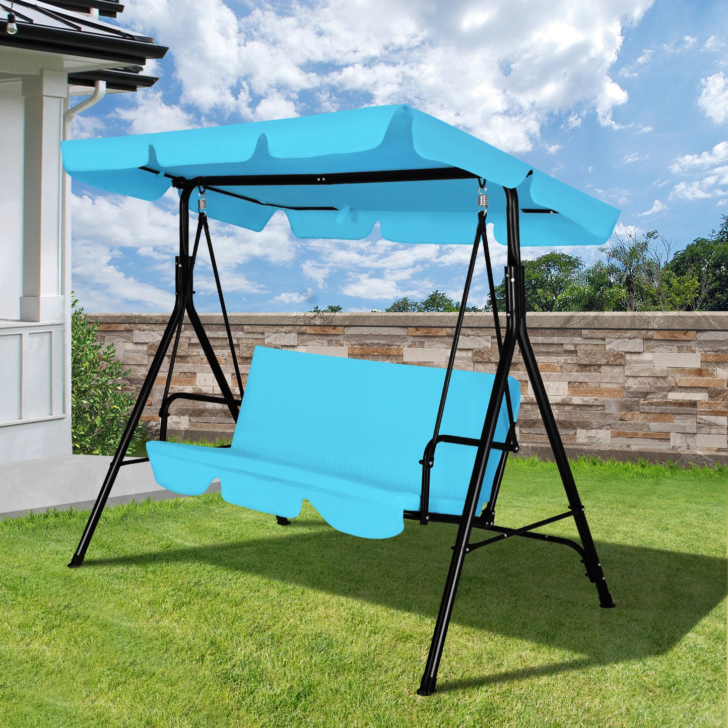 COVERONICS 3-Seat Outdoor Porch Swing – Patio Swing Chair with Adjustable Canopy, Durable Metal Frame, and Removable Cushions – Ideal for Backyard, Terrace, Lawn