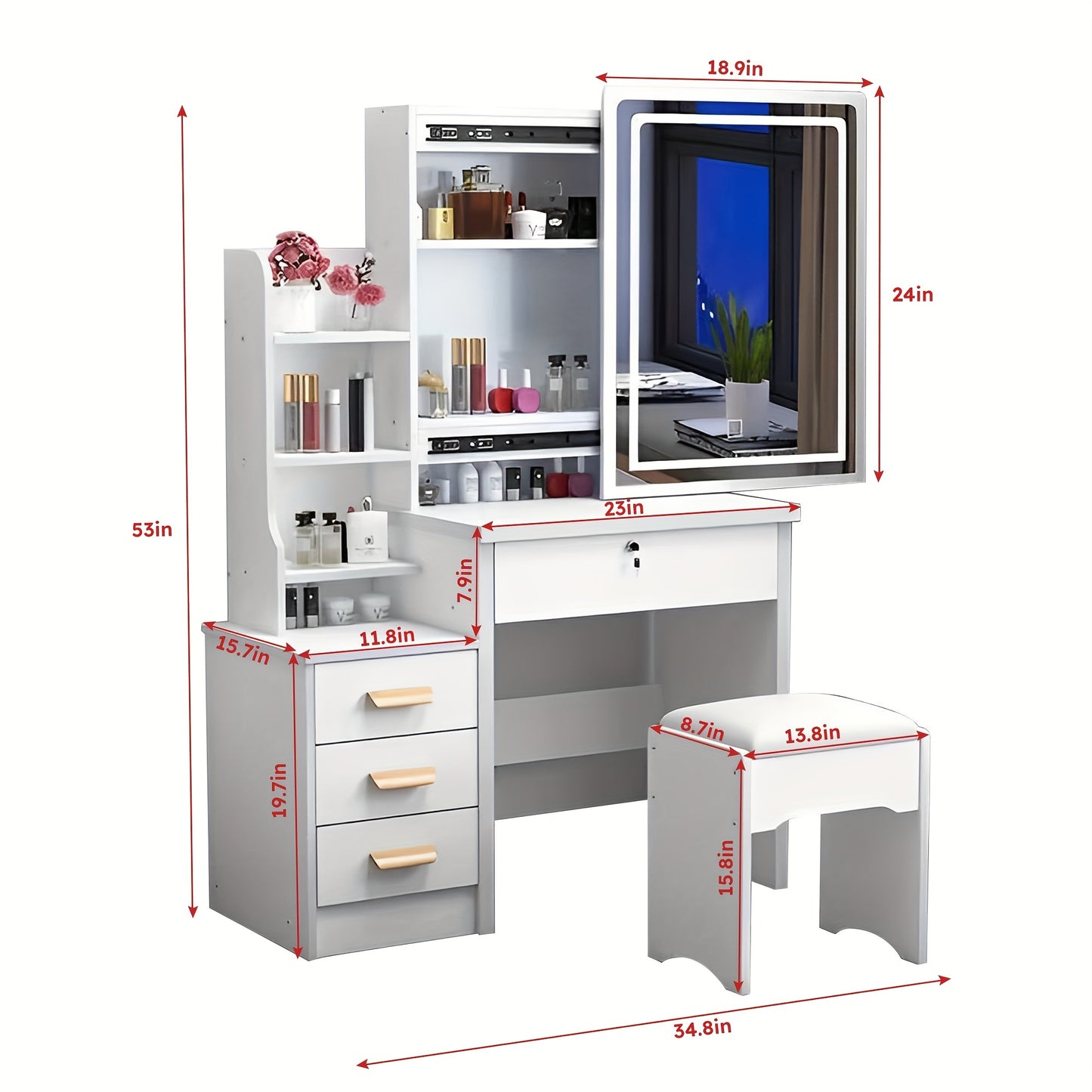 White Dressing Table with Sliding Mirror and Stool - 4 Drawers, High-End Bedroom Cabinet, Integrated Design for Small Apartments