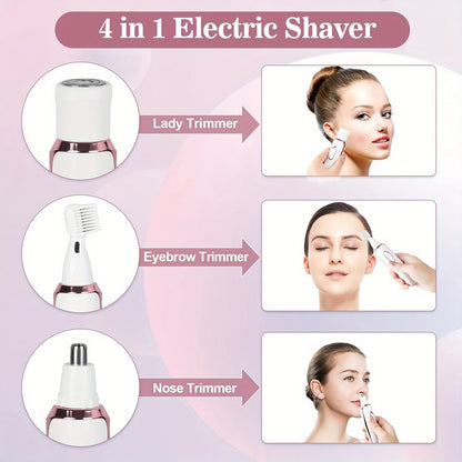 Electric Razor for Women - 4-in-1 Rechargeable Grooming Kit, Shaver for Face, Nose, Legs, Underarm, Bikini Trimmer, Wet and Dry Painless