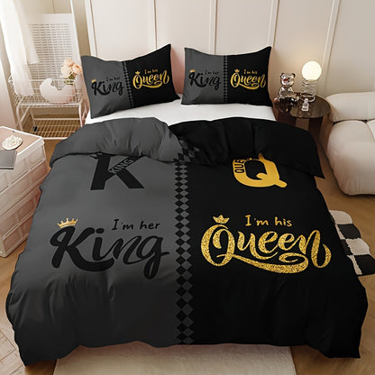 3 Piece Black and Grey Crown Lettering Duvet Cover Set – Includes 1 Duvet Cover and 2 Pillowcases – High Definition Printing for Home and Dorm Decor – Comforter Not Included