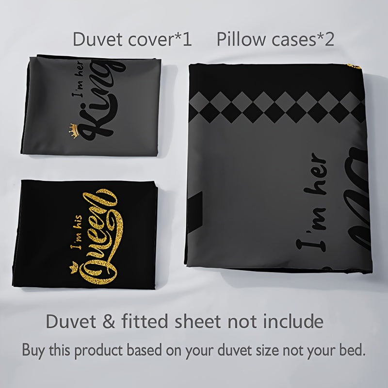 3 Piece Black and Grey Crown Lettering Duvet Cover Set – Includes 1 Duvet Cover and 2 Pillowcases – High Definition Printing for Home and Dorm Decor – Comforter Not Included