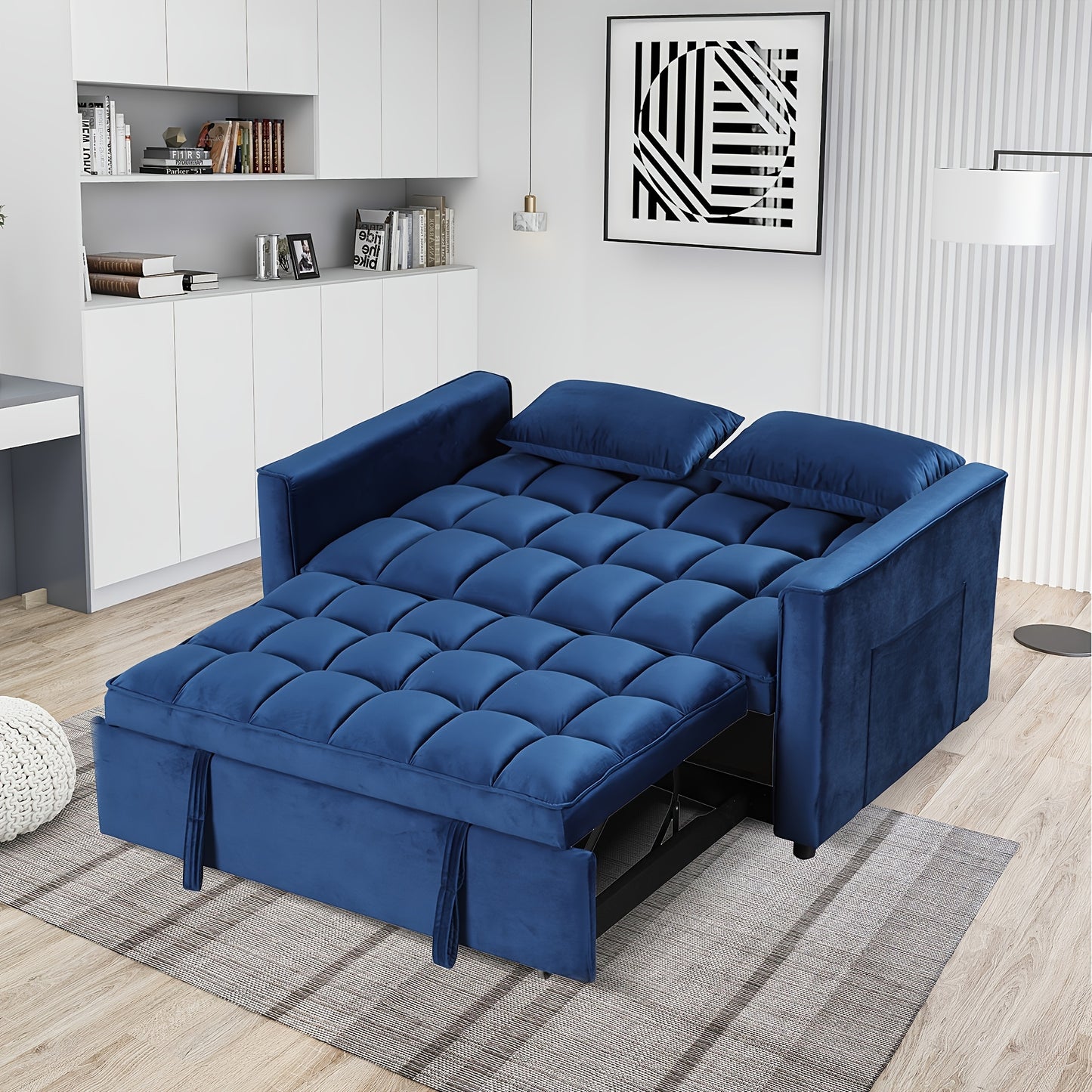 3-in-1 Multifunctional Sofa Bed – Modern Velvet Convertible Sleeper with Adjustable Backrest, Side Storage Pockets and Pillows – Ideal for Living Room