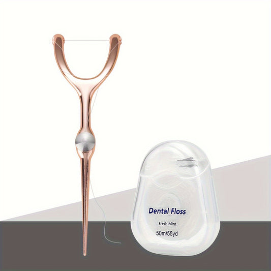 Stainless Steel Dental Floss Set - Replaceable Picks, Toothpick Holder and 1968.5-inch Roll, Portable Oral Care Kit in PVC Case