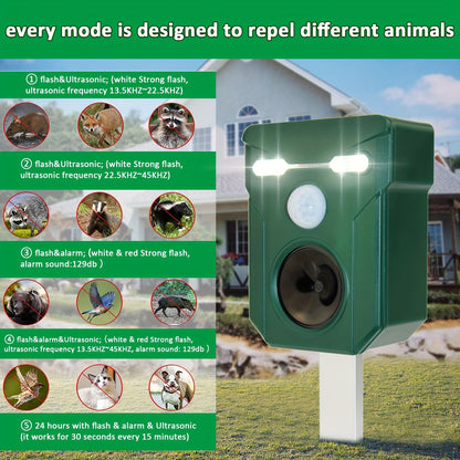 Ultrasonic Animal Repeller - Solar-Powered Outdoor Deterrent with Motion & Light Sensor, Flashing LED Lights, Siren | Repels Cats, Dogs, Deer, Raccoons, Birds, Skunks, Squirrels, Rabbits