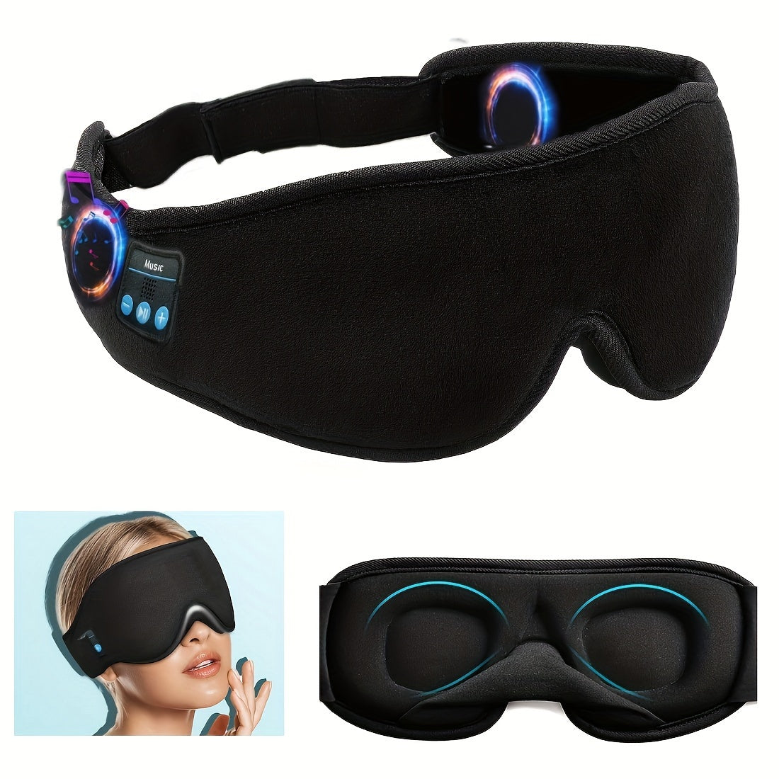 BT Wireless 3D Sleep Mask - Black Music Eye Mask for Men and Women, No Pressure on Eyelashes, Headphones for Sleep, Meditation, Running, Travel, Blocks Light