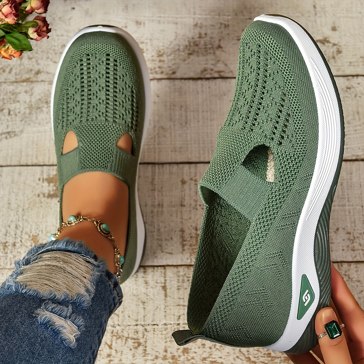 Women's Cut-Out Sneakers – Casual Breathable Slip-On Walking Shoes, Lightweight Outdoor Flats