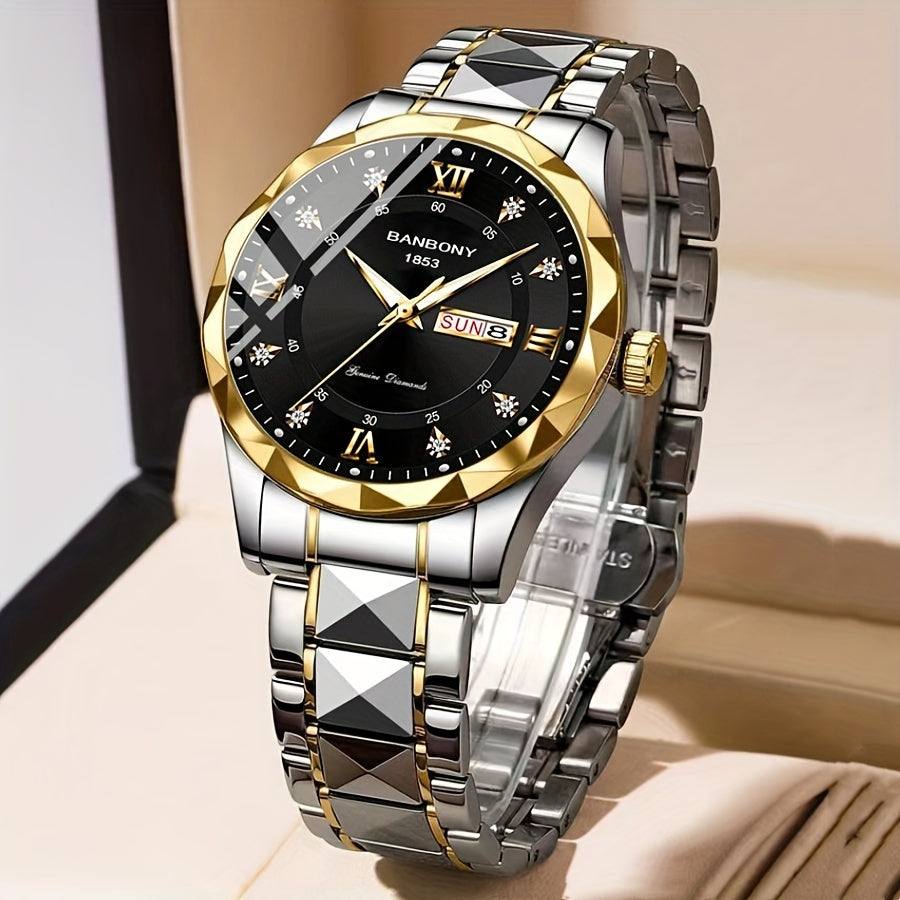 Stainless Steel Strap Men's Watch – Roman Numerals Dial with Rhinestones, Luminous Multifunctional, Ideal for Birthday and Holiday Gifts