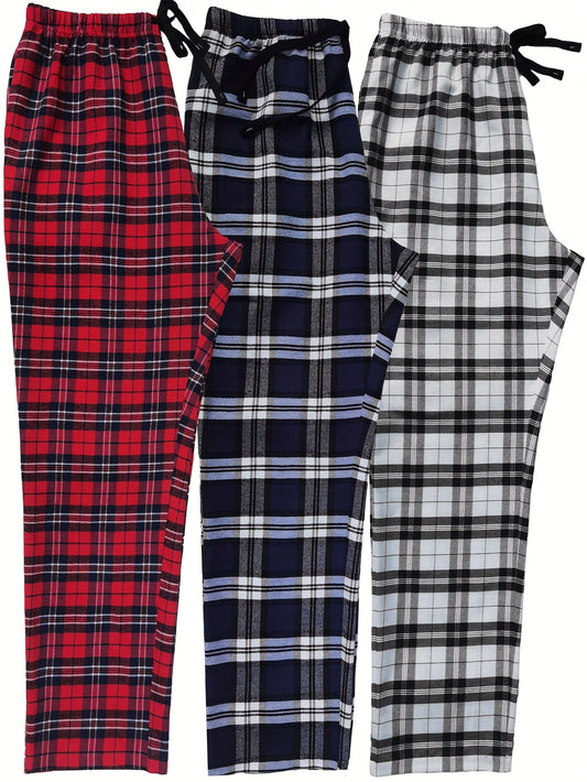 3 Pack Men's Plaid Drawstring Pants - Casual Polyester with Elastic Waistband, Side Pockets, Regular Fit, Woven Fabric, All-Season Home Wear