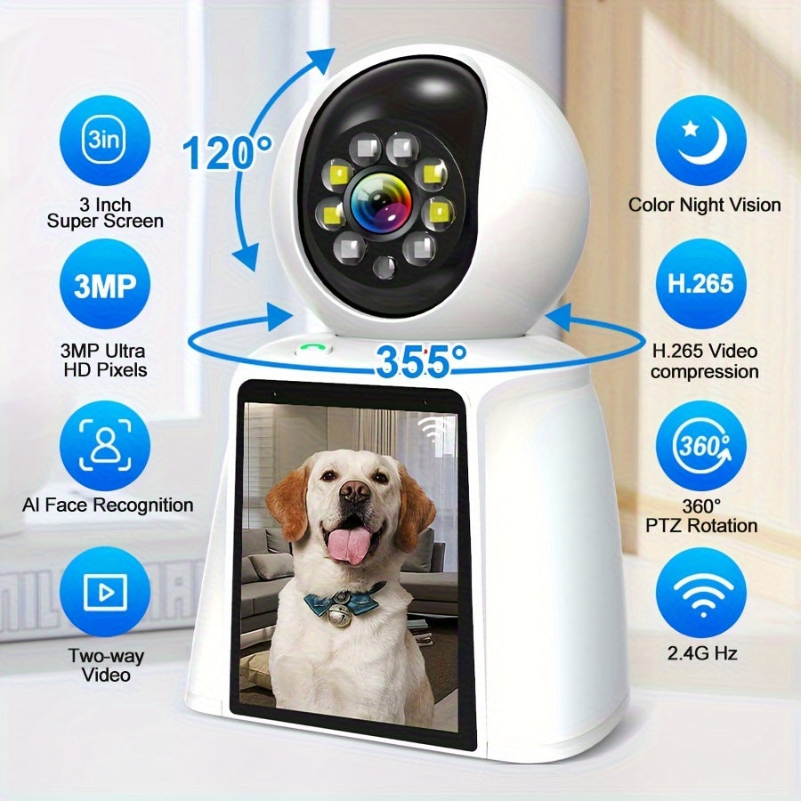 Xparkin ProCare 3MP HD WiFi Pet Camera - 3-Inch Screen, Two-Way Talking, Colorful Night Vision, AI Detection - Wireless Smart Cam for Indoor Home Security, Pet and  Elderly Monitoring