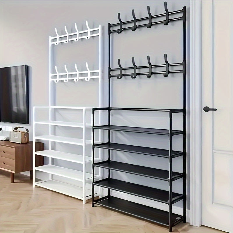 4/5 Layer Multi-Functional Metal Coat Rack with 8 Double Hooks – Space-Saving Storage Solution for Entryway, Living Room, Bathroom and Corridor – Independent Foyer Shoe Rack with Ample Storage