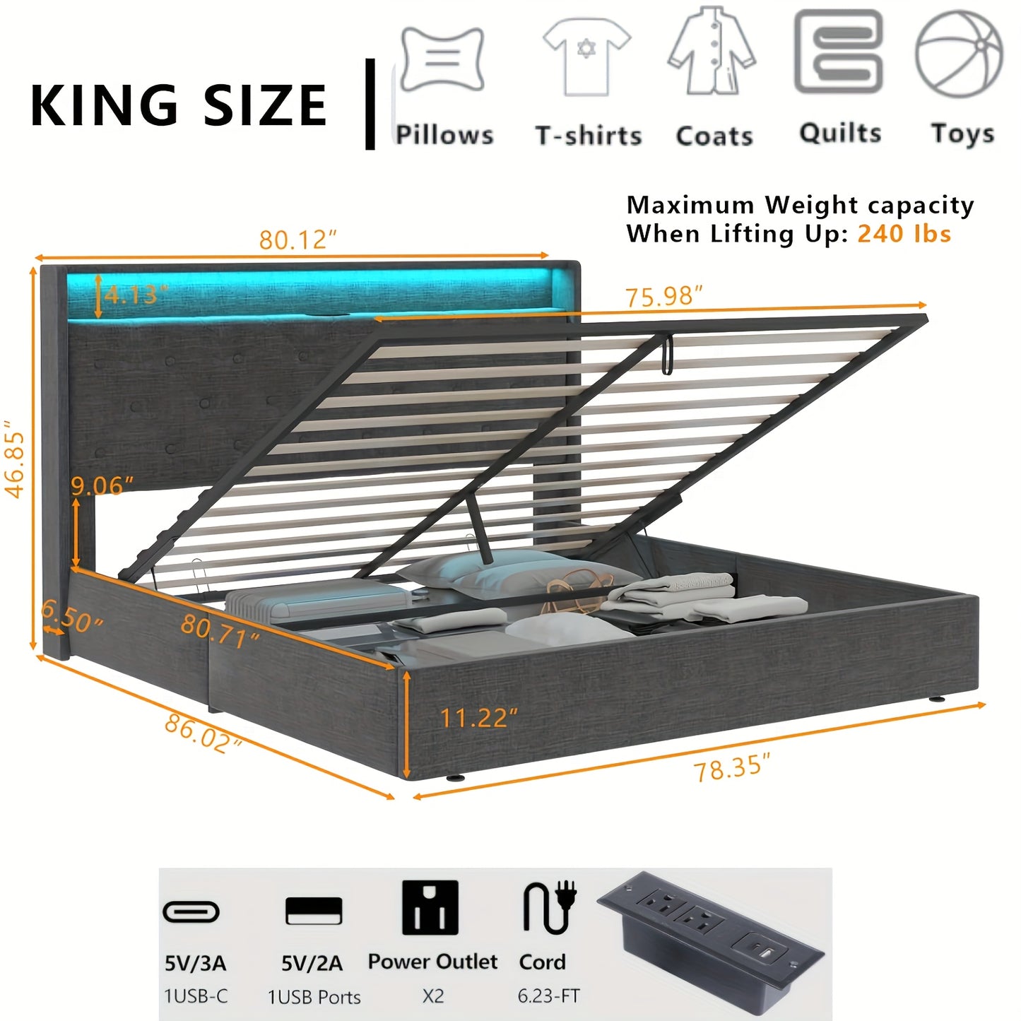 Queen/Full/King Size Luxurious Tufted Wingback Storage Bed – Hydraulic Lift, Ample Under-Bed Storage, Strong Wooden Slats Support – Noise-Free, Contemporary Upholstered Platform Bed Frame