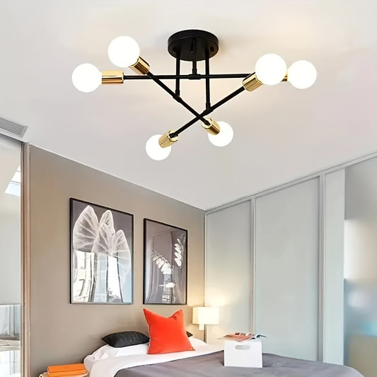 Iron Art Satellite Chandelier – Multi-Color 6-Head Ceiling Lamp, Industrial Style with E27/E26 Bulb Base, Semi-Recessed Lighting for Kitchen, Living Room, Bedroom, Office, and Corridor