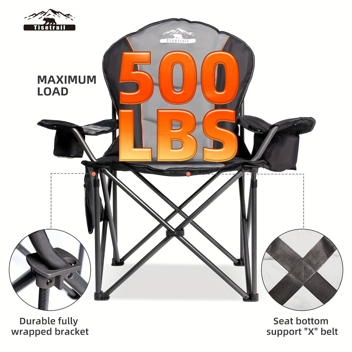 500 LBS Heavy Duty Oversized Camping Chair - Foldable, Padded, Steel Frame, Cross Back, Cup Holder, Oxford Cloth Seat - Wipe Clean, Ideal for Outdoor Events and Festivals