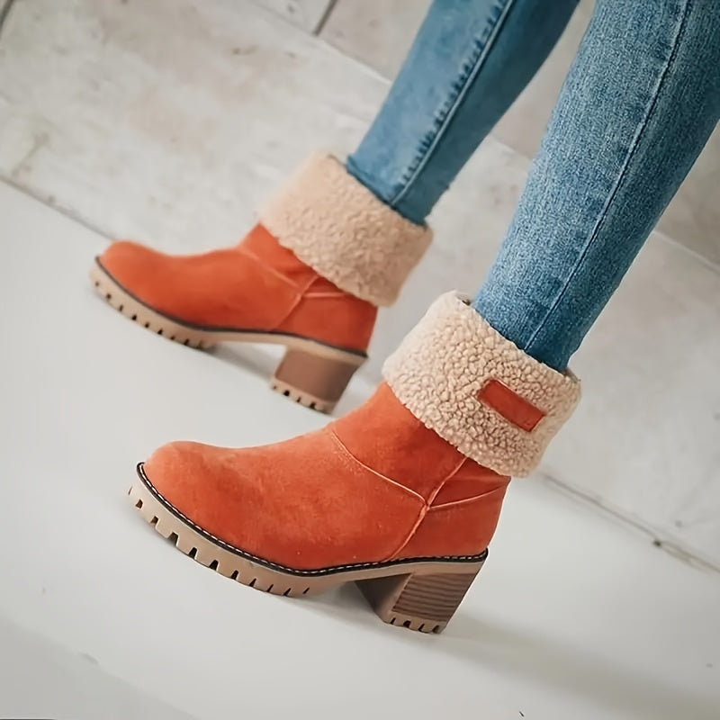 Vintage Style Women's Ankle Boots - Winter Casual, Chunky Heel, Plush Lining, TPR Sole, Hand Washable