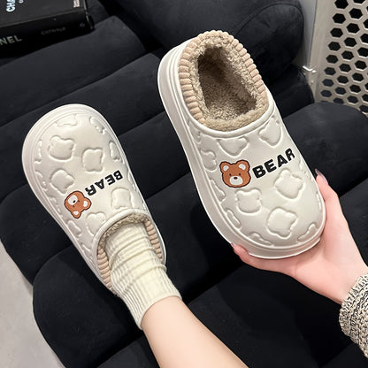 Cute Bear Plush Lined Waterproof Slippers - Cozy and Warm Slip-On Shoes for Winter - Ideal for Indoor and Outdoor Use