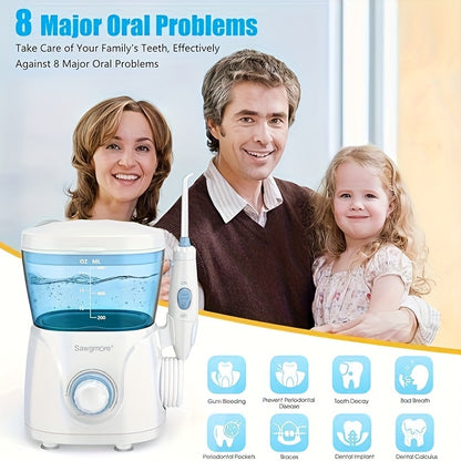 Sawgmore Water Dental Flosser - 8 Jet Tips, 10 Adjustable Pressures, 600ML Large Water Tank, Oral Irrigator for Teeth and Braces, Family Use