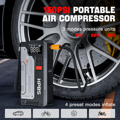 HPBS 5000A Portable Jump Starter with Air Compressor - 12V Battery Booster and 150 PSI Tire Inflator for Gas and Diesel Engines, Car Jump Box with LED Light and Fast Charging USB Output