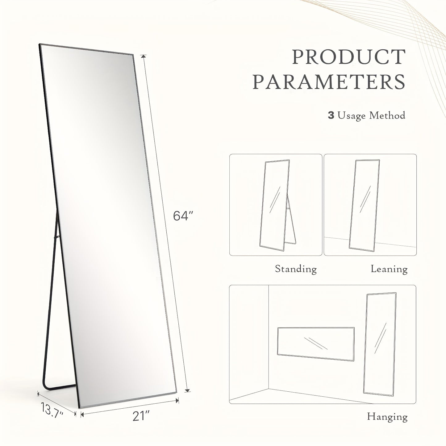 Large Standing Full Body Mirror – 59"x16" and 64"x21" Options – Shatter-Proof Glass with Aluminum Alloy Frame, Floor Standing & Wall Mountable – Ideal for Bedroom, Living Room, Cloakroom