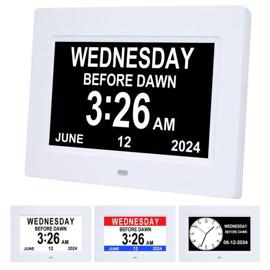 7-Inch Digital Clock for Seniors - Day & Date Display, Customizable Alarms, Medicine Reminders, 3 Modes, Large Font, Ideal for Elderly and Dementia Patients, Black