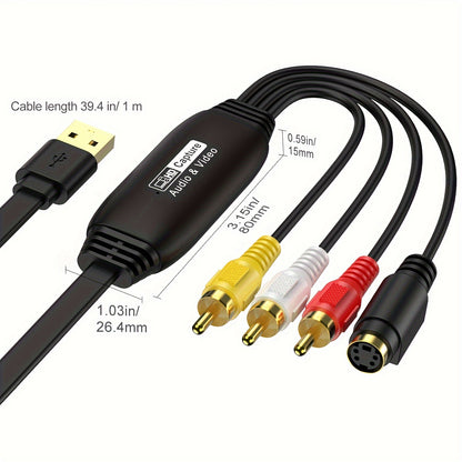 Video Capture USB 2.0 Capture Card – Drive-Free AV Signal Collector, 1 Meter USB to RCA Cable for Converting Analog to Digital (Compatible with VHS, VCR, TV)