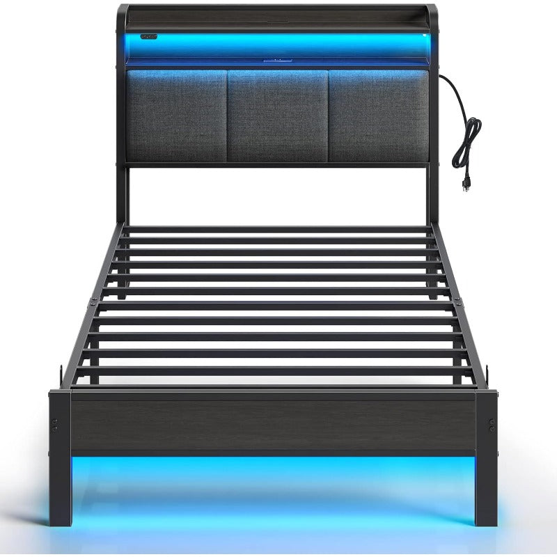 Greenstell Bed Frame with Charging Station and LED Lights - Twin, Full, Queen, King Sizes, PU Leather/Neutral Linen Headboard, Storage Shelves, Heavy Duty Metal Slats, No Box Spring Needed, Noise-Free