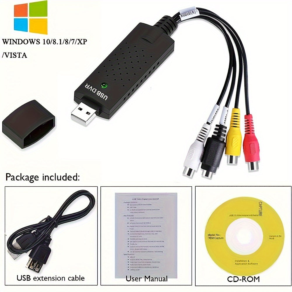 VHS to Digital Converter – USB 2.0 Video Capture Card for VHS, Mini DV, Hi8, DVD, VCR – Mac and PC Compatible, Supports Windows and Android