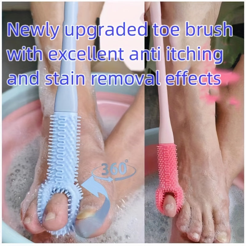 2 in 1 Toe Cleaning and Massage Brush - Soft Rubber Pumice Stone for Dead Skin Removal - Long Handle Odorless Foot Scrubber, No Batteries Needed