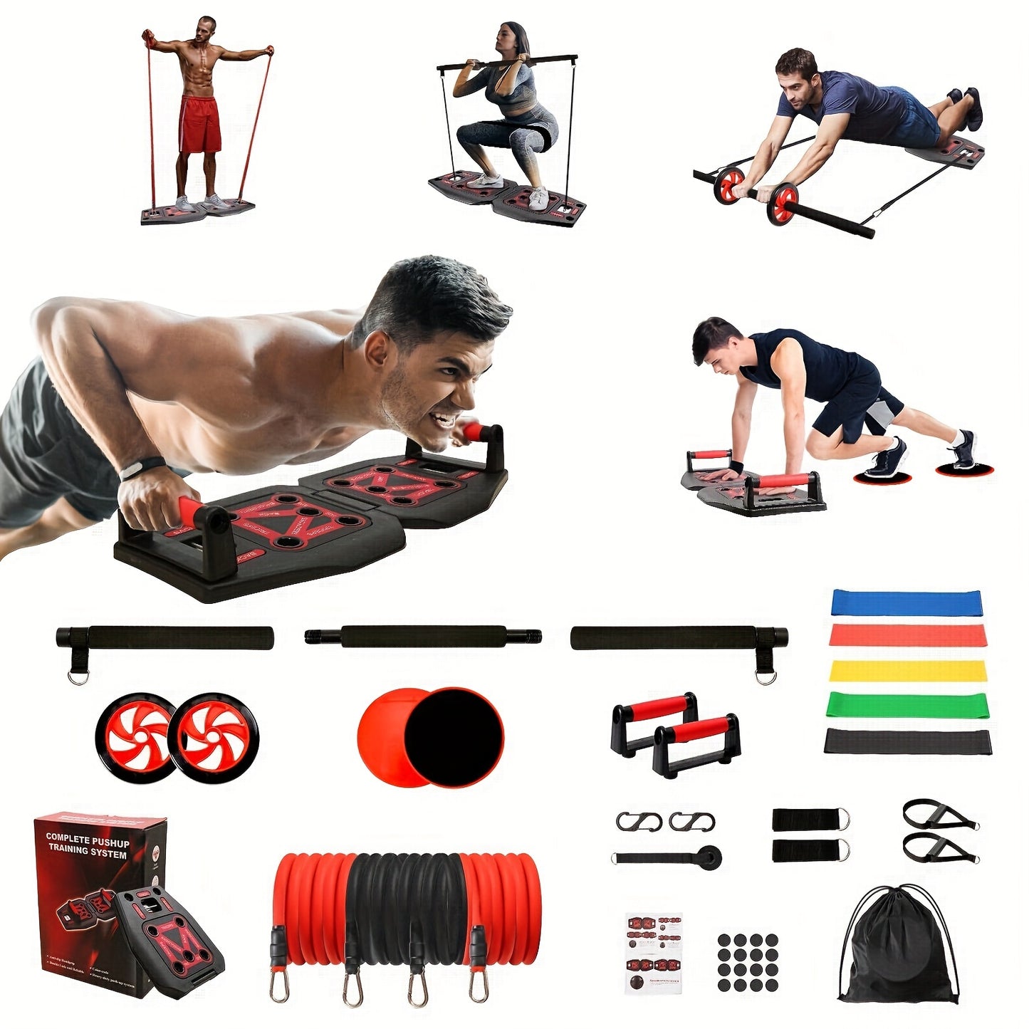 9 In 1 Push Up Board Set with 17 Fitness Accessories – Portable Home Gym Equipment for Strength Training – Includes Resistance Bands and Pilates Bar for Abs, Shoulders, Back, and Butt