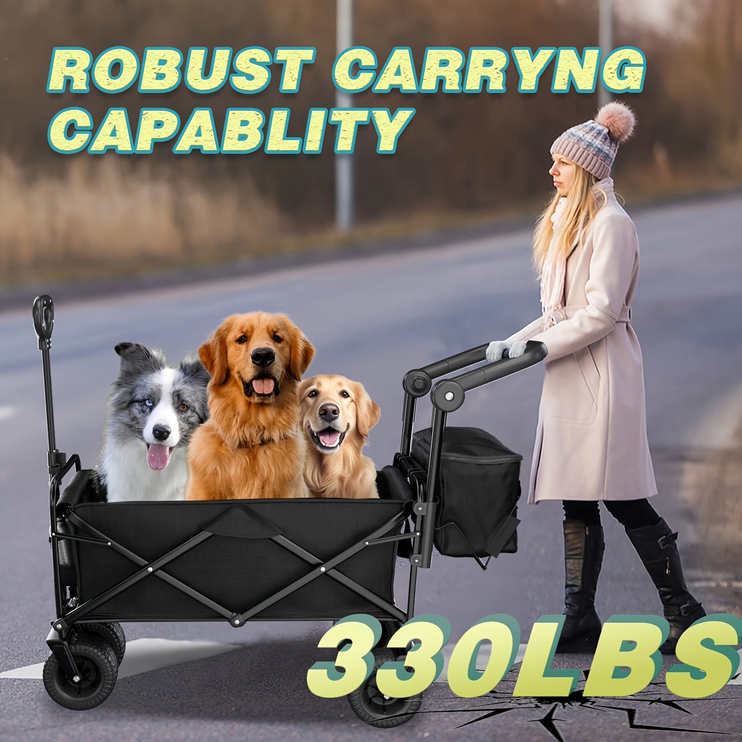 330LBS Capacity Foldable Collapsible Portable Wagon Cart – Extra Large Pet Cart/Stroller with 180° Adjustable Pushrod, 360° All-Terrain Wheels, and Waterproof Bag for Garden, Camping, and Shopping