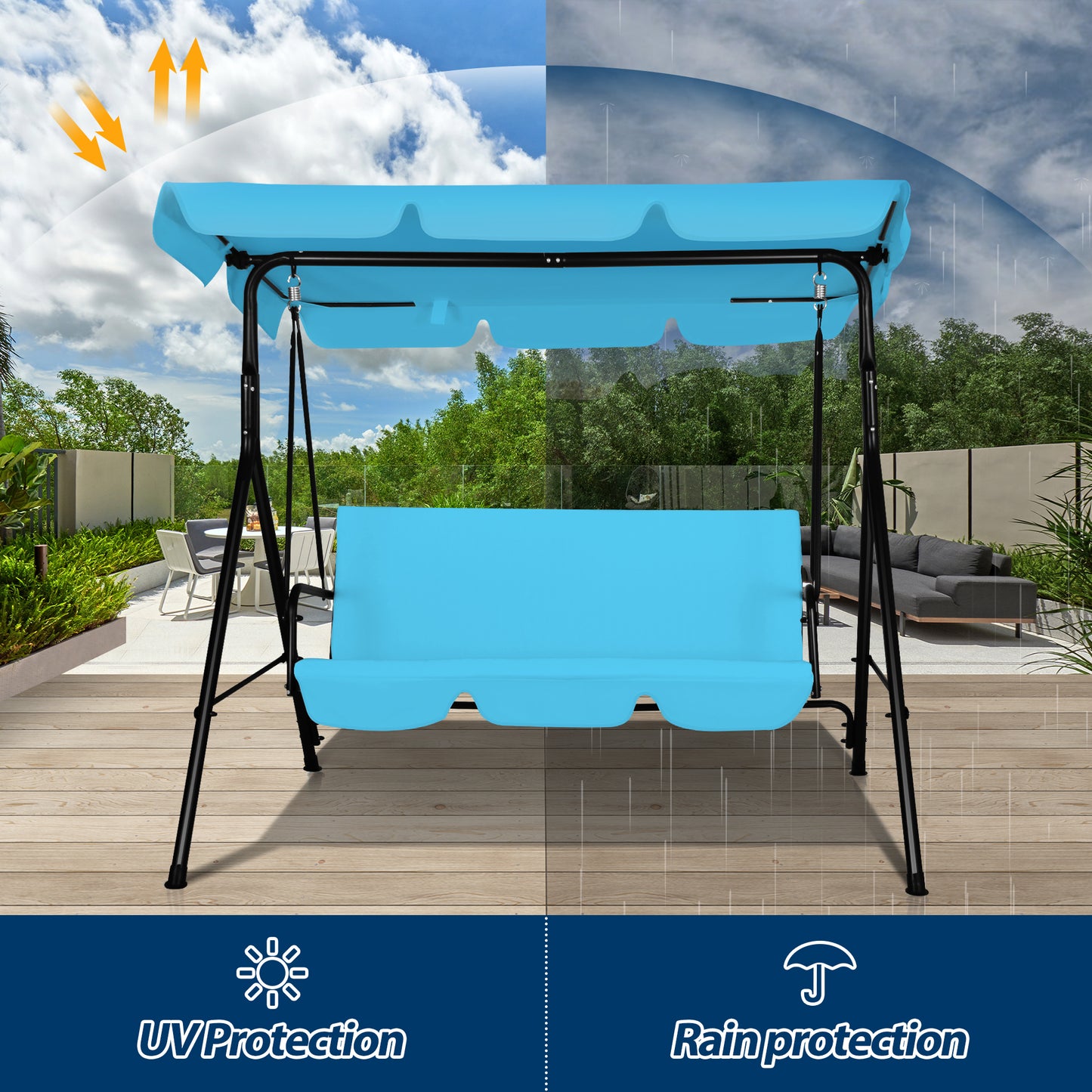 COVERONICS 3-Seat Outdoor Porch Swing – Patio Swing Chair with Adjustable Canopy, Durable Metal Frame, and Removable Cushions – Ideal for Backyard, Terrace, Lawn