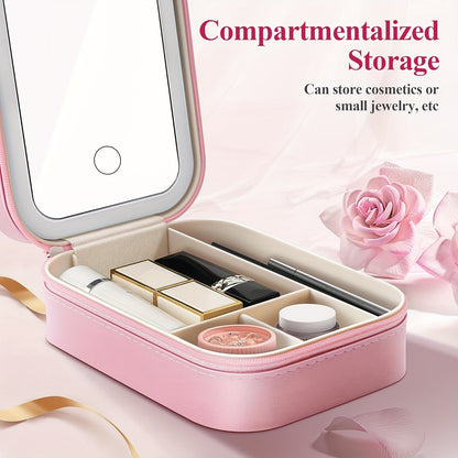 Multifunctional Travel Cosmetic Mirror Case – Portable Vanity Mirror with 3 Lights, LED Makeup Mirror, and Jewelry Storage Bag