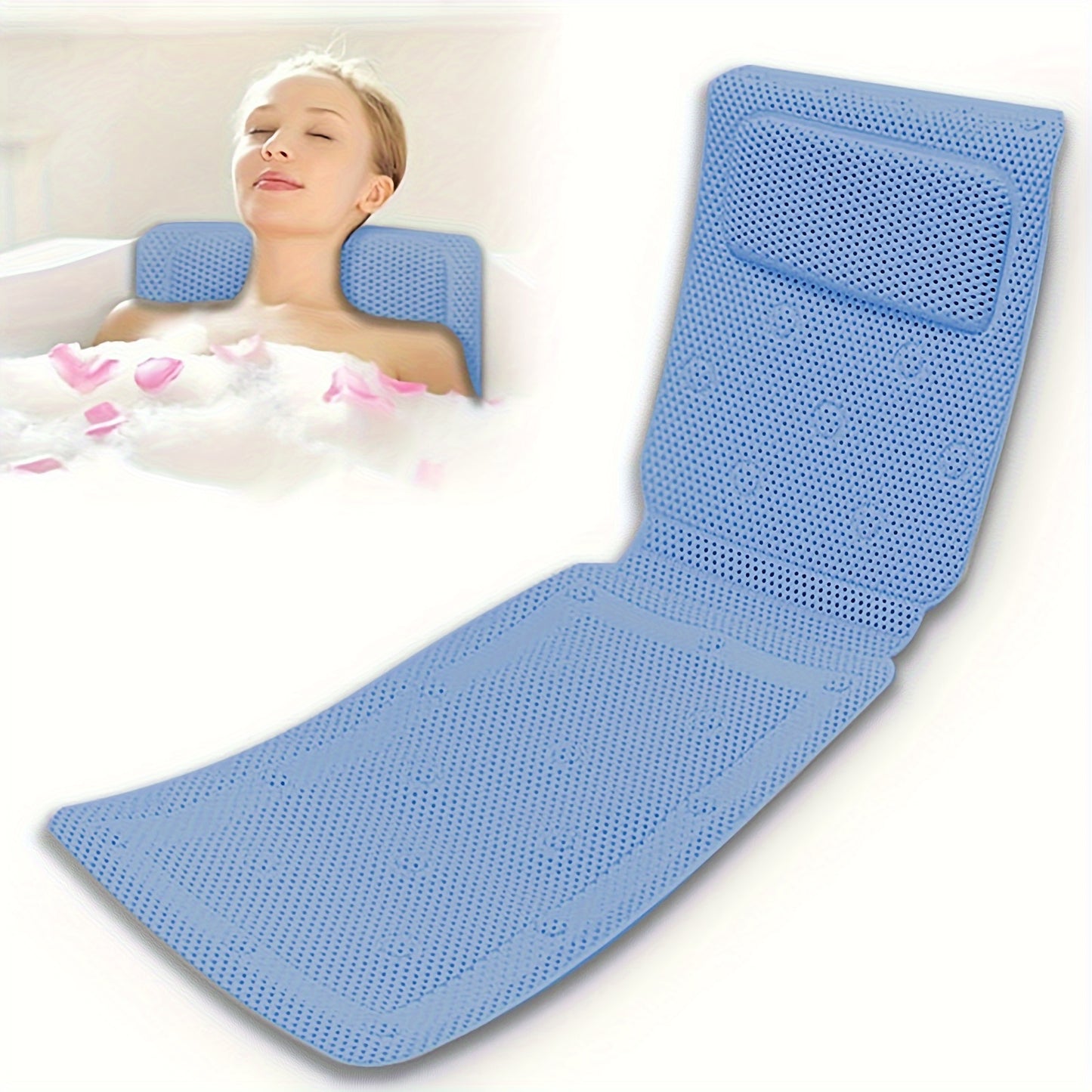 Full Body Bath Pillow with 30 Non-Slip Suction Cups – 3D Air Mesh Spa Bathtub Mattress Pad for Head and Neck Rest, Breathable and Comfortable Cushion