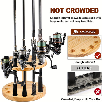 PLUSINNO Vertical Fishing Pole Holders - V12 Fishing Rod Holders for Garage, Wooden Round Storage Floor Stand - Fishing Rod/Pole Rack