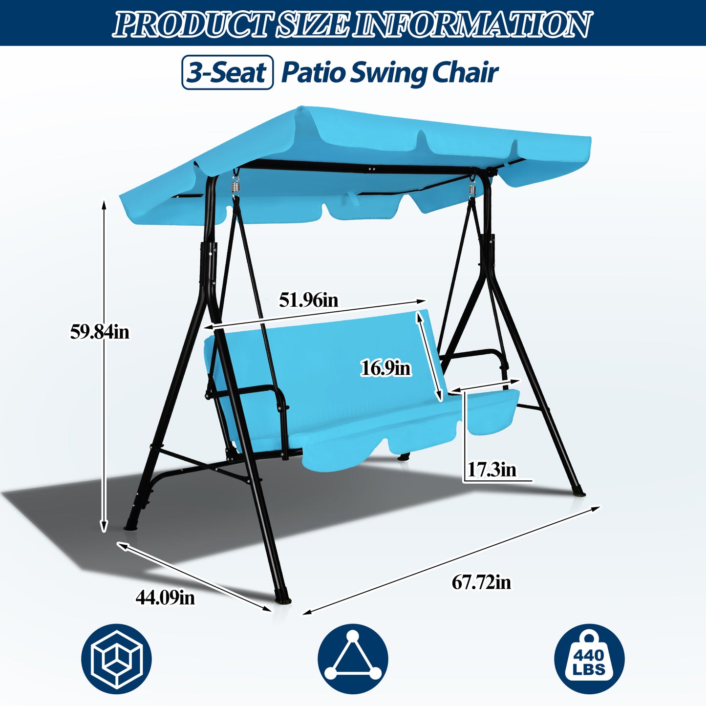 COVERONICS 3-Seat Outdoor Porch Swing – Patio Swing Chair with Adjustable Canopy, Durable Metal Frame, and Removable Cushions – Ideal for Backyard, Terrace, Lawn