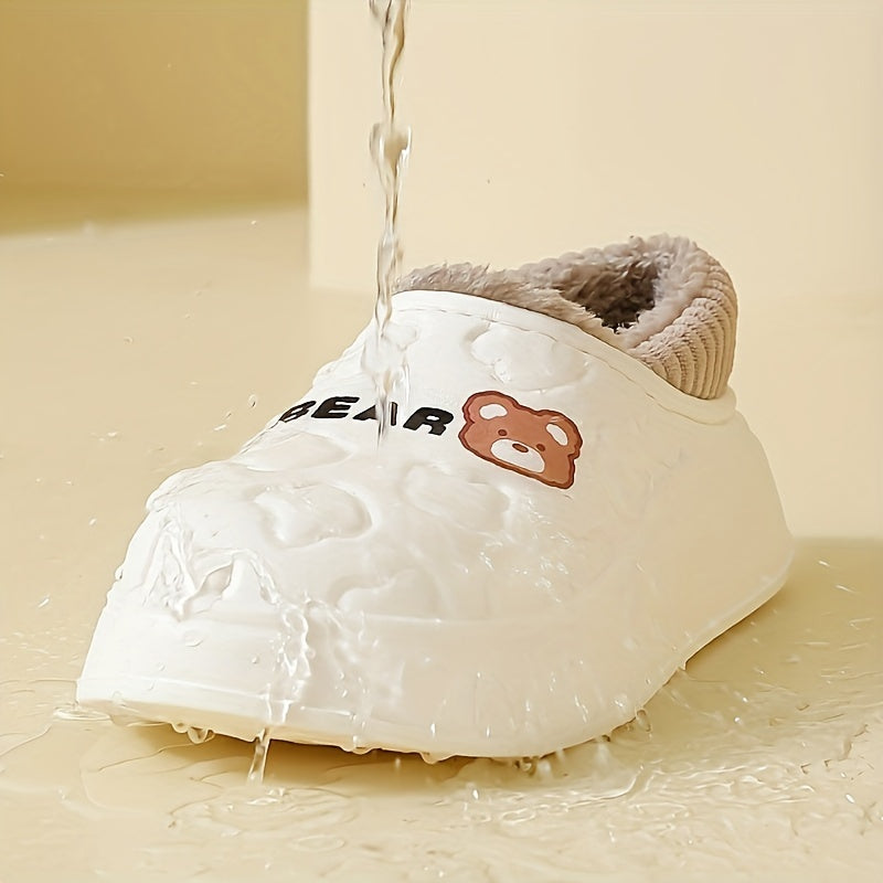 Cute Bear Plush Lined Waterproof Slippers - Cozy and Warm Slip-On Shoes for Winter - Ideal for Indoor and Outdoor Use