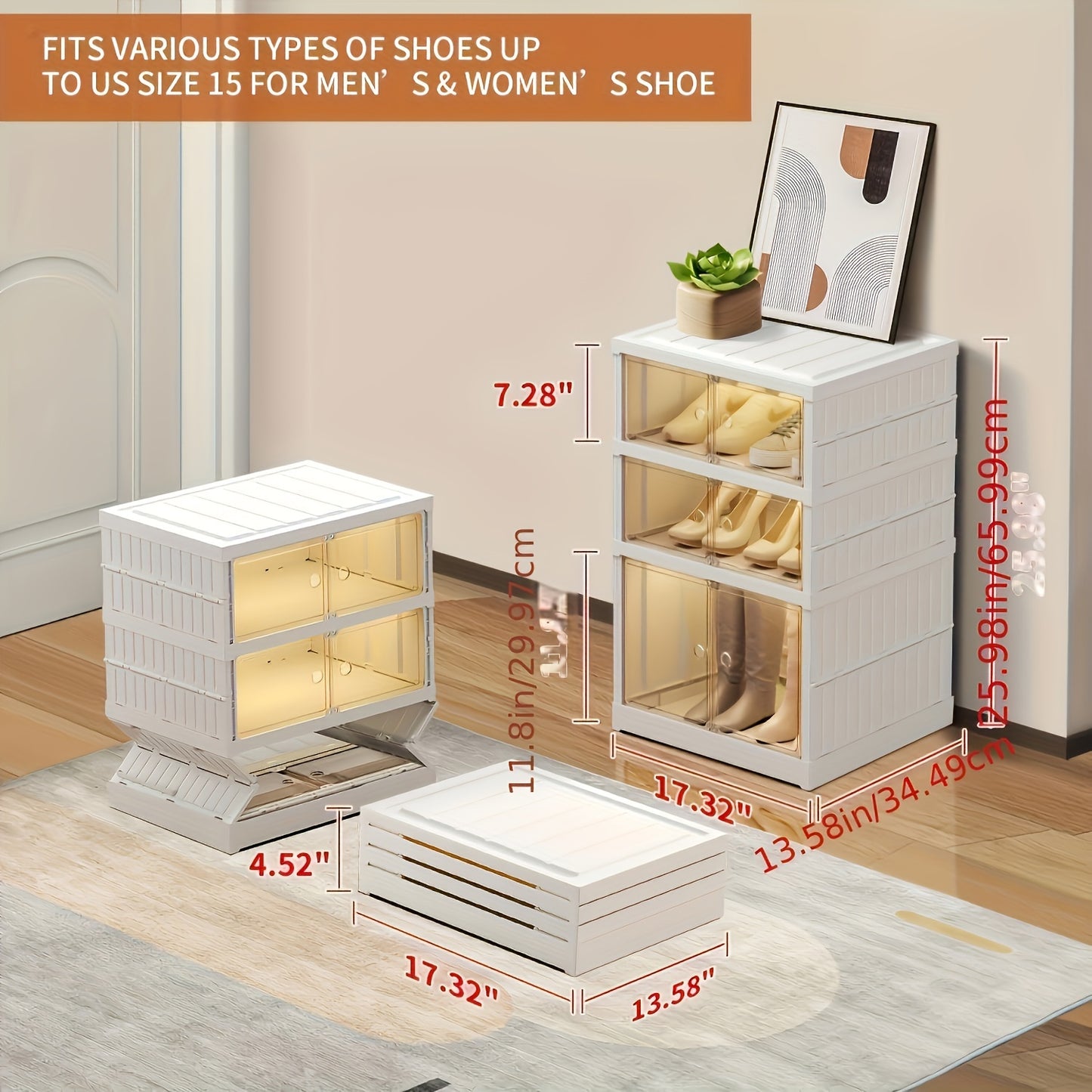 3/9-Tier Foldable Shoe Rack Organizer - Collapsible Plastic Shoe Storage with Clear Boxes, Stackable with Doors, Easy Assembly, Large Shoe Cabinet for Closet and Display