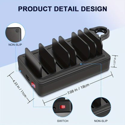 50W Fast Charging Station – 6-Port USB Charger with 10-Slot Detachable Dividers and Watch Holder, Compatible with Phone, iPad, Kindle, Tablet (Includes 6 Short Cables)