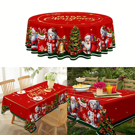 Merry Christmas Tablecloth - Waterproof and Stain-Resistant Polyester with Red and Golden Stars, Santa, Tree, Gingerbread and Snowman Designs, Ideal for Holiday Dining and Decor