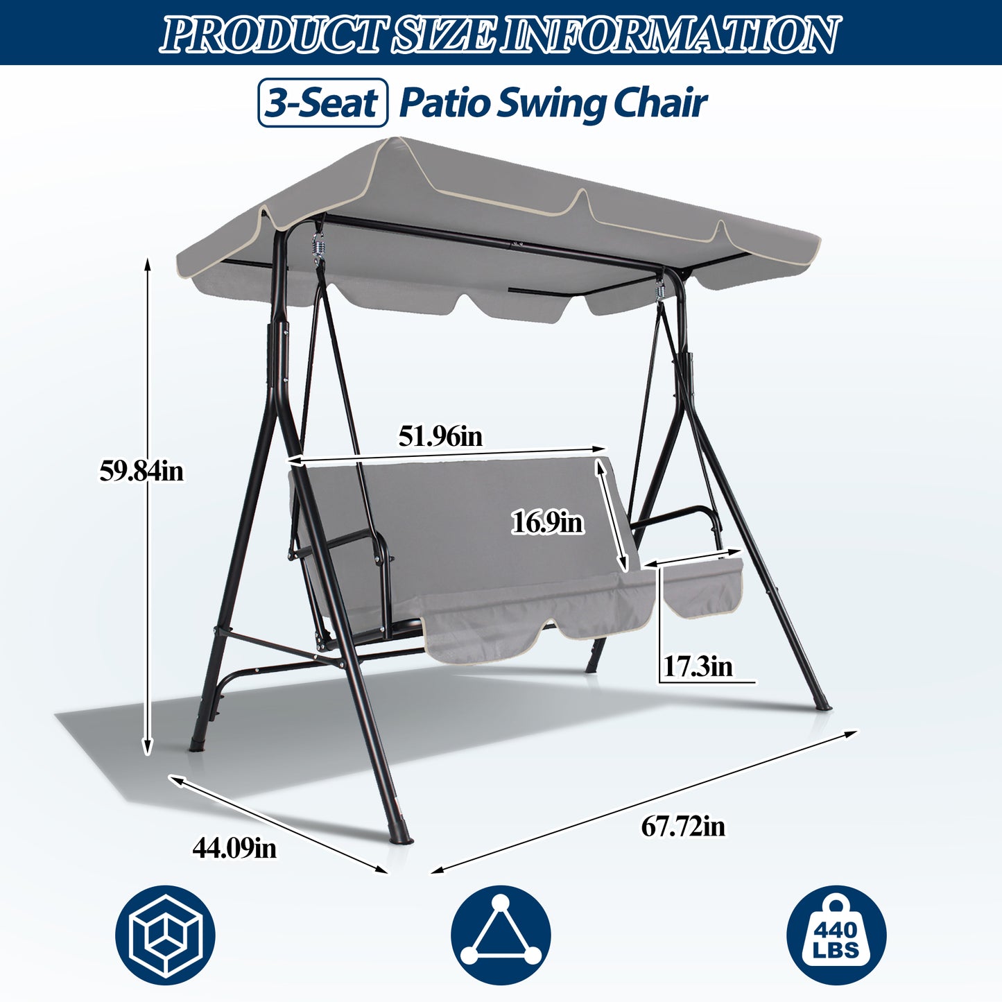 COVERONICS 3-Seat Outdoor Porch Swing – Patio Swing Chair with Adjustable Canopy, Durable Metal Frame, and Removable Cushions – Ideal for Backyard, Terrace, Lawn