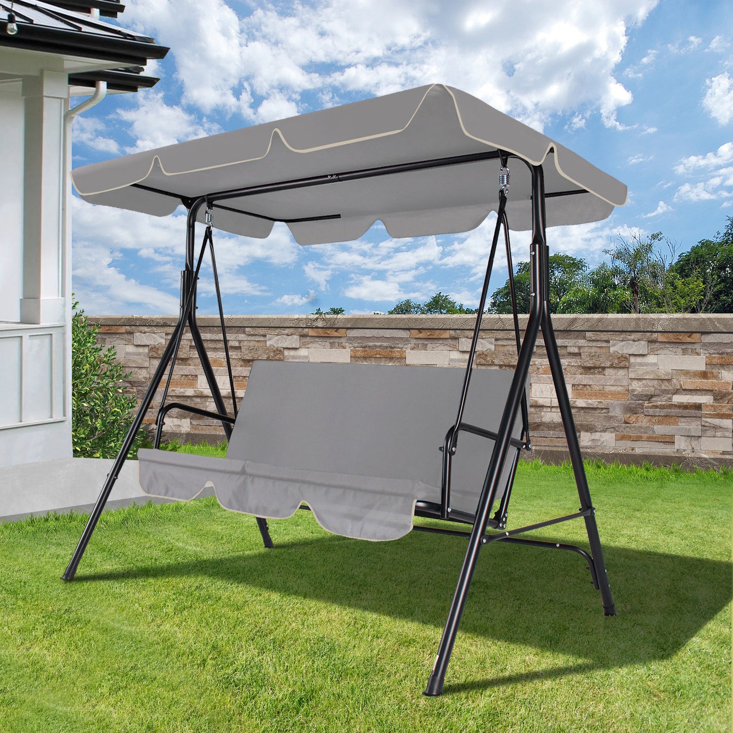 COVERONICS 3-Seat Outdoor Porch Swing – Patio Swing Chair with Adjustable Canopy, Durable Metal Frame, and Removable Cushions – Ideal for Backyard, Terrace, Lawn