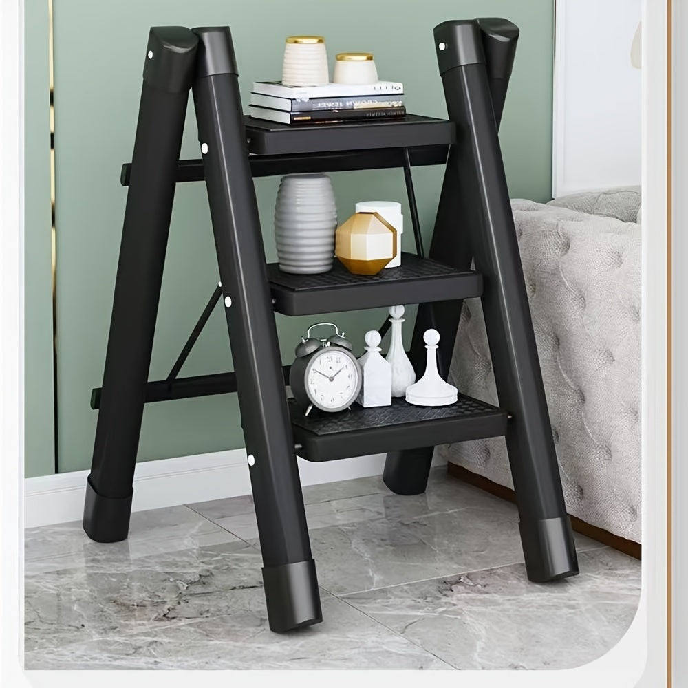 3 Step Folding Ladder - Sturdy Steel Construction, Anti-Slip Pedal, 330 Lbs Capacity, Portable Handrail Support, Ideal for Kitchen, Household and Indoor Tasks, Space-Saving and Easy to Store