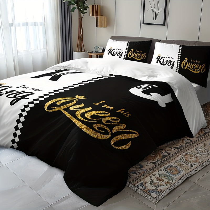 3 Piece Black and Grey Crown Lettering Duvet Cover Set – Includes 1 Duvet Cover and 2 Pillowcases – High Definition Printing for Home and Dorm Decor – Comforter Not Included