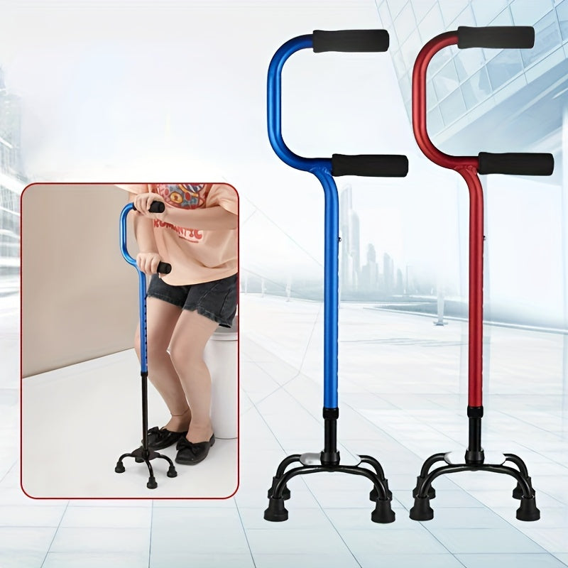 Four-Legged Crutches for the Elderly – Non-Slip Walking Stick, Quadrangular Design with Ascending and Retracting Features, Available in Blue/Red