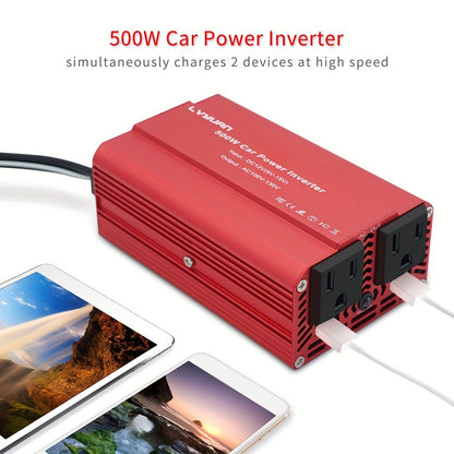 500W Car Inverter with Dual USB Ports - DC 12V to 110V AC Converter for Car Charging and Powering Devices