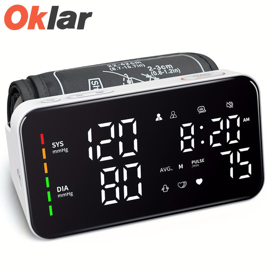 Oklar Blood Pressure Monitor – LED Display with Voice Broadcasting, Digital Cuff Machine, Includes Charging Cord